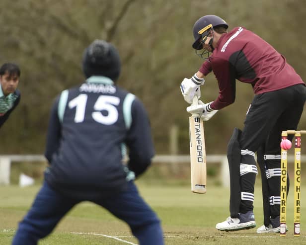 Stenhousemuir CC v Uddingston CC; 29/04/2023; STENHOUSEMUIR; Stenhousemuir Cricket Club, Tryst Road, FK5 4QL; Falkirk Council; Scotland; (Picture: Alan Murray)
