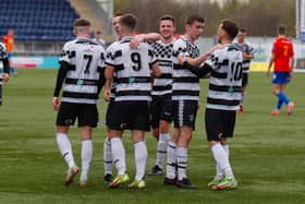 East Stirlingshire players celebrate Kieran Offord's first goal of the match (Pictures: Scott Louden)