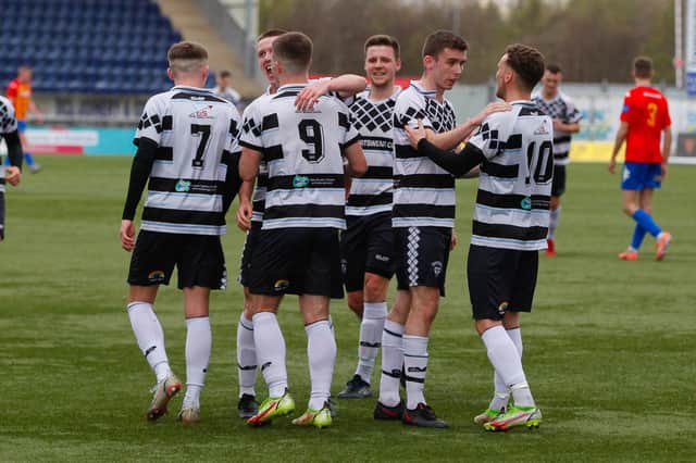 East Stirlingshire players celebrate Kieran Offord's first goal of the match (Pictures: Scott Louden)