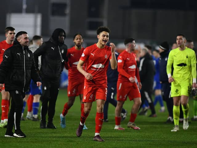 Blaine Rowe celebrates at full time in front of the Falkirk support after the 5-1 win over Darvel in the Scottish Cup (Photo: Michael Gillen)
