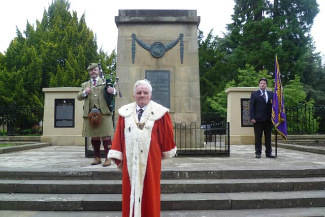 Provost William Buchanan lays a wreath at Falkirk war memorial to mark 75th anniversary of VJ Day on August 15, 2020
