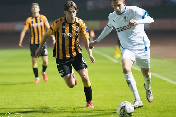 Bo'ness striker Zander Miller in action at Berwick (Pic by Ian Runciman)