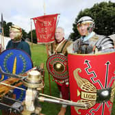 The Antonine Guard re-enactment group will be at the live history event at Kinneil which marks the end of Big Roman Week 2021. Pictured are: Andrew Commerford, Joe Witcombe and Chris Beckett.  Pic: Alan Murray.