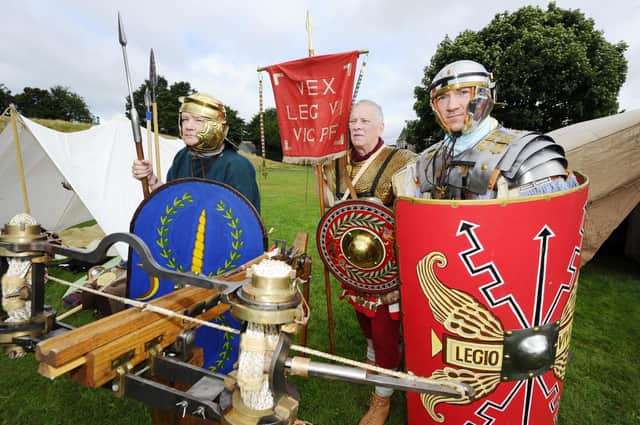 The Antonine Guard re-enactment group will be at the live history event at Kinneil which marks the end of Big Roman Week 2021. Pictured are: Andrew Commerford, Joe Witcombe and Chris Beckett.  Pic: Alan Murray.