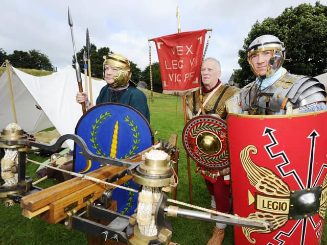 The Antonine Guard re-enactment group will be at the live history event at Kinneil which marks the end of Big Roman Week 2021. Pictured are: Andrew Commerford, Joe Witcombe and Chris Beckett.  Pic: Alan Murray.