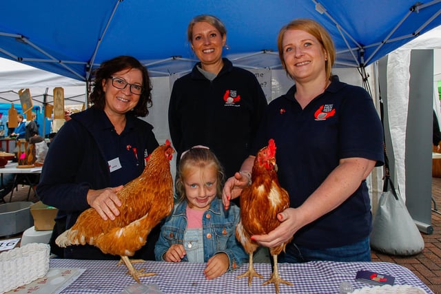 Varrie, Lorna and Linda from the British Hen Welfare Trust with Eva-Rose, five, from Larbert