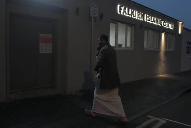 Shraz Abdul-Khaliq, chairman of Falkirk Islamic Centre, attends the first congregational service Farj prayer since lockdown.  Pic:Michael Gillen