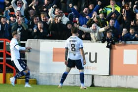 21-10-2023. Picture Michael Gillen. STIRLING. Forthbank Stadium. Stirling Albion v Falkirk FC. Season 2023 - 2024. Matchday 10. SPFL cinch League One. Second goal Falkirk and the winner by Brad Spencer 8.