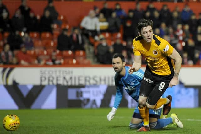 Mark McGuigan scores for Stenhousemuir at Pittodrie in January 2019 in the Scottish Cup with a replay at Ochilview where the Dons ran out 4-1 winners.