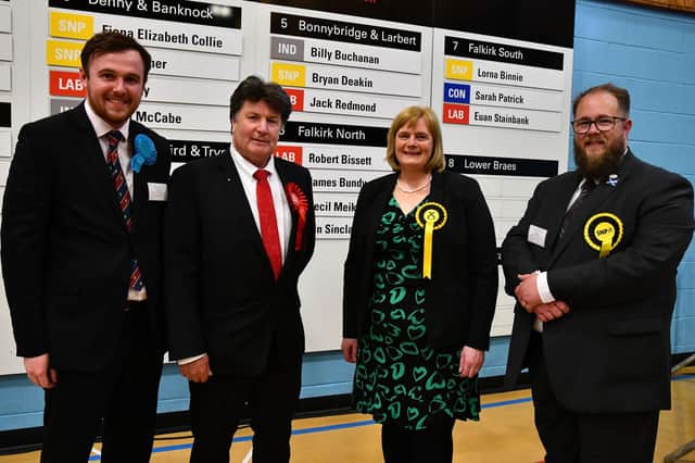 Elected councillors for Falkirk North,  James Bundy, Robert Bissett, Cecil Meiklejohn and Iain Sinclair.