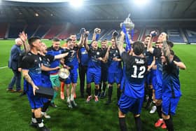 Steins Thistle celebrate their 3-1 Only Sport Scottish Amateur Cup final win at Hampden (Photo: Michael Gillen)