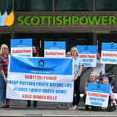 Members of Falkirk's Forgotten Villages - Ending Fuel Poverty campaign gather outside Scottish Power's HQ in Glasgow to protest against high energy bills