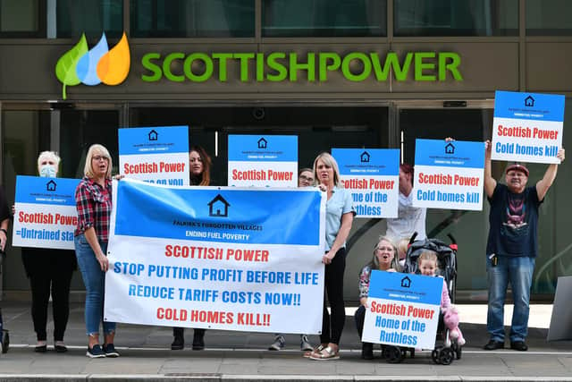 Members of Falkirk's Forgotten Villages - Ending Fuel Poverty campaign gather outside Scottish Power's HQ in Glasgow to protest against high energy bills