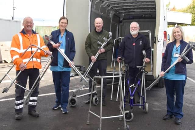 From left: Euan McLay, chargehand at Roughmute Recycling Centre; Aileen Kelly, NHS Forth Valley physiotherapist; Councillor Paul Garner; Barry Shanks, of Joint Loan Equipment Service; and Nicola Blair, NHS Forth Valley highly specialist physiotherapist.