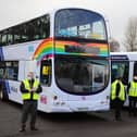 The funeral cortege at the Larbert depot for First Midland driver Tommy Rooney, who died last February after contracting Covid. Picture: Michael Gillen