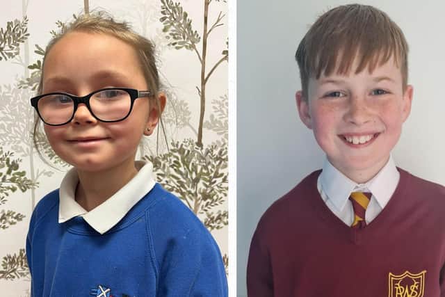 Arya Skinner, from Denny Primary, and Oliver Hughes, from Westquarter Primary, have reached the final of the Royal College of Speech and Language Therapists’ (RCSLT) VoiceBox joke competition.  (Pic: submitted)