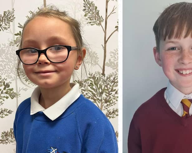 Arya Skinner, from Denny Primary, and Oliver Hughes, from Westquarter Primary, have reached the final of the Royal College of Speech and Language Therapists’ (RCSLT) VoiceBox joke competition.  (Pic: submitted)