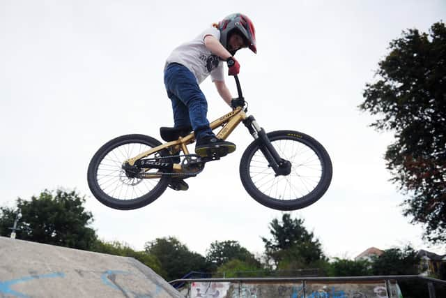 Thorfinn Whalley spends hours practising his bike stunt skills at Falkirk Skate Park. Picture: Michael Gillen.