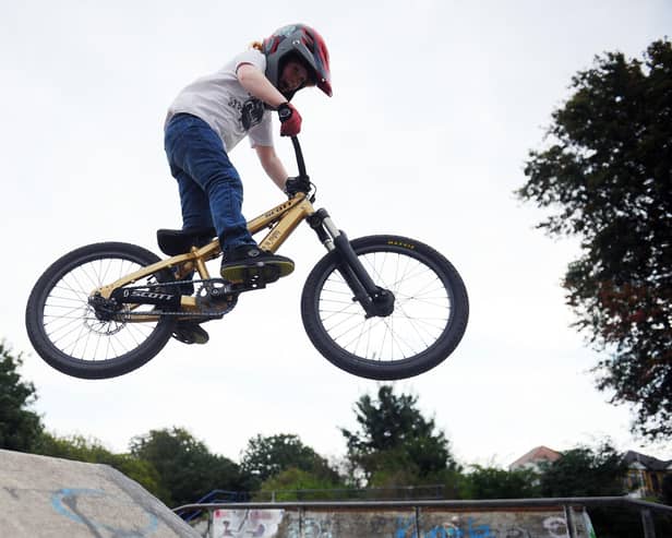 Thorfinn Whalley spends hours practising his bike stunt skills at Falkirk Skate Park. Picture: Michael Gillen.