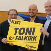Toni Giugliano's adoption event took place in Falkirk at the weekend with SNP Westminster leader Stephen Flynn and current Falkirk MP John McNally. Pic: Contributed