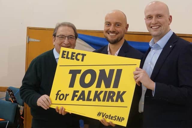 Toni Giugliano's adoption event took place in Falkirk at the weekend with SNP Westminster leader Stephen Flynn and current Falkirk MP John McNally. Pic: Contributed