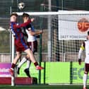 Stenhousemuir striker Corey O’Donnell heads just over the bar as his side searched for an opener v Kelty (Photo: Michael Gillen)