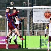 Stenhousemuir striker Corey O’Donnell heads just over the bar as his side searched for an opener v Kelty (Photo: Michael Gillen)