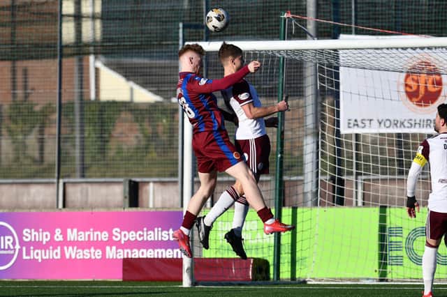 Stenhousemuir striker Corey O’Donnell heads just over the bar as his side searched for an opener v Kelty (Photo: Michael Gillen)