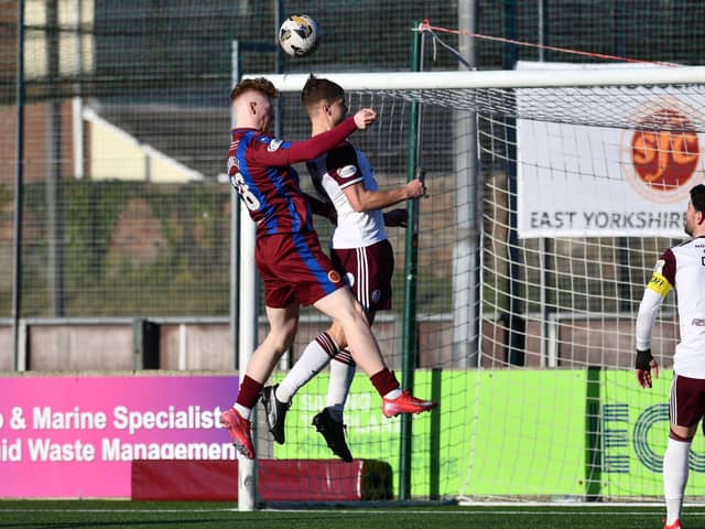 Stenhousemuir striker Corey O’Donnell heads just over the bar as his side searched for an opener v Kelty (Photo: Michael Gillen)