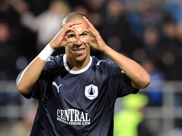 Farid El Alagui celebrates a goal against Rangers. Picture: John Devlin.