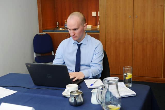 The Falkirk Herald reporter Jonathon Reilly trying out Falkirk FC's new Hot Desks for Hire offer. Picture: Michael Gillen.