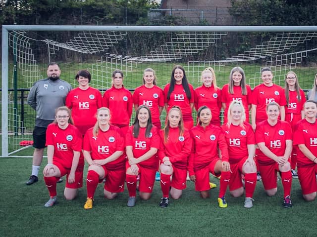 Dunipace Ladies FC squad with manager Gillian Lynn and first team coach Dan Mcmenamy (Submitted pics)