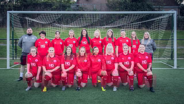 Dunipace Ladies FC squad with manager Gillian Lynn and first team coach Dan Mcmenamy (Submitted pics)
