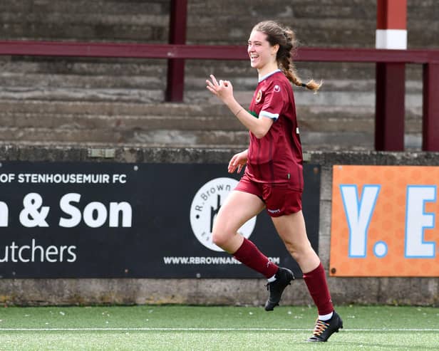 Hat-trick Lucia Zamorano celebrates after netting her third goal against Falkirk during Stenhousemuir's 6-0 win (Photo: Michael Gillen)