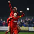 Falkirk defeated Darvel in the previous round: Liam Henderson and Coll Donaldson celebrate at full time (Photo: Michael Gillen)