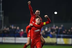 Falkirk defeated Darvel in the previous round: Liam Henderson and Coll Donaldson celebrate at full time (Photo: Michael Gillen)