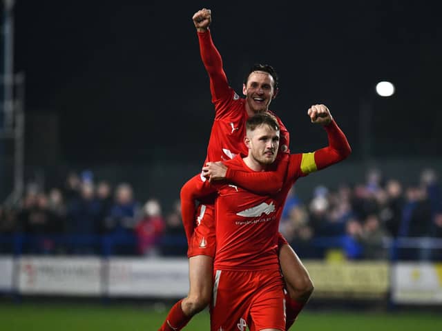 Falkirk defeated Darvel in the previous round: Liam Henderson and Coll Donaldson celebrate at full time (Photo: Michael Gillen)