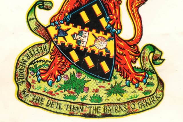 Part of the Falkirk Coat of Arms from around 1900 showing the motto referring to the bairns of Falkirk.