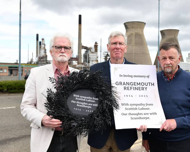 Alba party leader Kenny MacAskill joins independent Falkirk councillors Brian McCabe and Bob Spears to deliver a wreath to the Grangemouth refinery (Picture: Michael Gillen, National World)