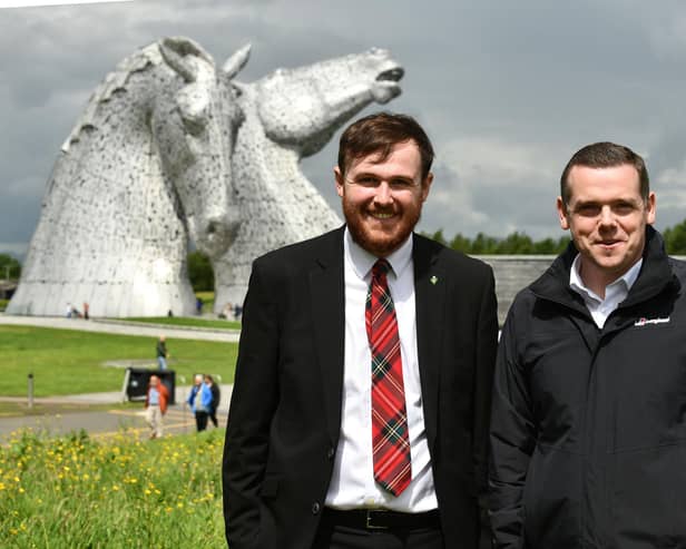 Falkirk's Conservative candidate James Bundy with Scottish Conservative Party leader, Douglas Ross at the Kelpies. Pic: Michael Gillen