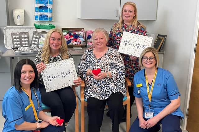 Hospital donation in memory of Helen Burness - left to right: Lorna Milligan, NHS Forth Valley palliative care clinical nurse specialist, Catherine Myhill, Helen Wright, Gillian Ryan and Morven Kellett, NHS Forth Valley advanced palliative care clinical nurse specialist