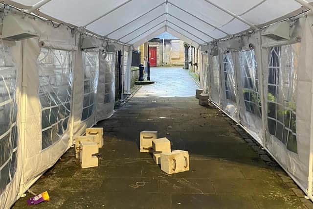 Weights were deliberately moved by vandals  at the Tea Jenny's marquee in Falkirk town centre. Picture: Tea Jenny's Facebook page.