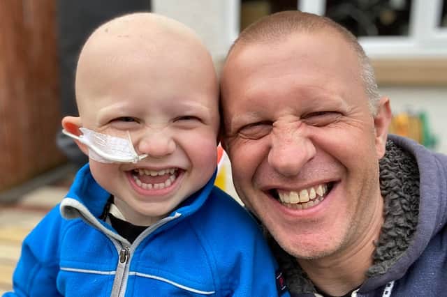 Andi Galloway and his three-year-old son, Archie. Andi is  Station Commander for Larbert, Denny and Slamannan with Scottish Fire & rescue Service. His little boy was diagnosed with leukaemia in March and has been undergoing intensive chemotherapy.