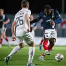 FALKIRK, SCOTLAND - DECEMBER 07: Falkirk's Alfredo Agyeman scores to make it 2-0 during a William Hill Championship match between Falkirk and Raith Rovers at the Falkirk Stadium, on December 07, 2024, in Falkirk, Scotland. (Photo by Sammy Turner / SNS Group)
