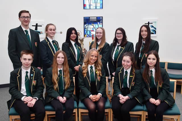 Pictured back row: James Carter, proxime accessit; Alicia Thom, proxime accessit; Iman Bhatti, proxime accessit; Kimberley Crawford, junior proxime accessit; Amy Callaghan, junior proxime accessit; and Jess Mooney, junior proxime accessit. Not pictured Megan Donaldson, junior proxime accessit. Front row: Reece Scott, Dux; Caitlin Jamieson, Dux; Amy Millar, junior Dux; Molly McGhee, junior Dux and Timea Csicsvakova, junior Dux. Pic: Michael Gillen.