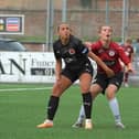 Eva Ralston (Stenhousemuir) and Layla Philip (St Mirren) battle in the middle of the park (Photo by Alex Todd/Sportpix/SIPA USA)