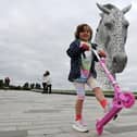 Five-year-old leukaemia patient Mila Sneddon scooted around The Kelpies to raise money for Blood Cancer UK as part of her Scoot in September initiative which was launched on ITV's Lorraine. Picture: Michael Gillen.
