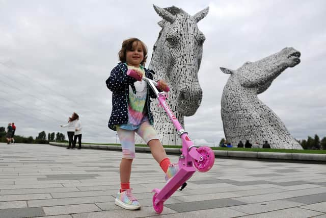 Five-year-old leukaemia patient Mila Sneddon scooted around The Kelpies to raise money for Blood Cancer UK as part of her Scoot in September initiative which was launched on ITV's Lorraine. Picture: Michael Gillen.