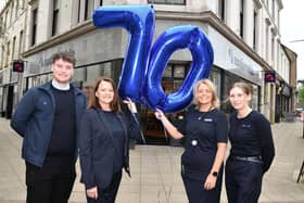 The Nationwide team have celebrated 70 years in Falkirk. From left, Rhys Campbell, Member Representative; Michele Neagle, Senior Branch Manager;  Annemarie Beattie, Member Relationship Manager and Erin McIntyre, Member Representative.   (pic: Michael Gillen)