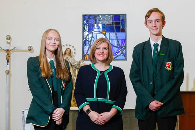 Rector Dr Tricia Holland with Senior Dux Kimberley Crawford and Junior Dux James Shearer.  Pic: Scott Louden.
